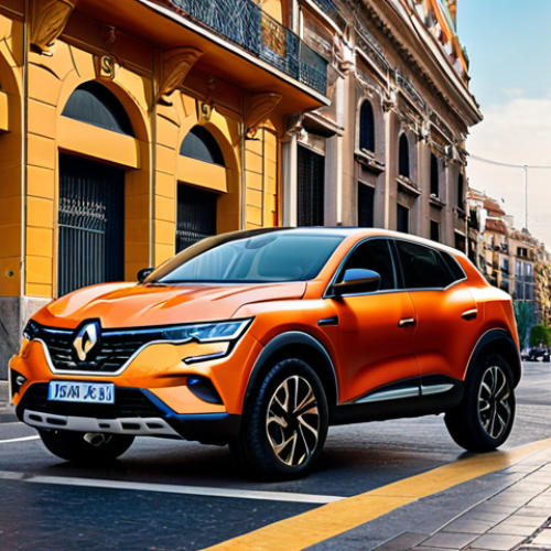 Home 4 **
A stylish Renault Arkana coupe SUV parked in a vibrant urban setting like Madrid or Barcelona, Spain. Focus on the sleek, sloping roofline and modern LED headlights. The background should feature contemporary architecture and bustling city life.
**