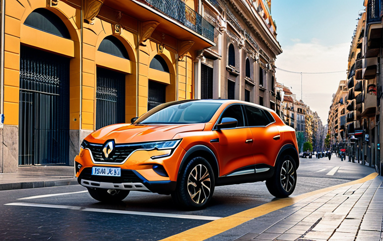 **
A stylish Renault Arkana coupe SUV parked in a vibrant urban setting like Madrid or Barcelona, Spain. Focus on the sleek, sloping roofline and modern LED headlights. The background should feature contemporary architecture and bustling city life.
**