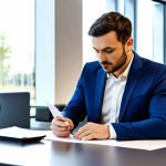 A professional-looking man in a neat business casual outfit, sitting comfortably at a modern desk, reviewing a warranty document with a calm and reassured expression. In the soft-focused background, a sleek Renault Captur is visible in a clean, contemporary car showroom. The scene emphasizes peace of mind and smart investment. The man is fully clothed, appropriate attire, modest clothing, safe for work, appropriate content, professional, perfect anatomy, correct proportions, natural pose, well-formed hands, proper finger count, natural body proportions, high-quality photography, realistic.