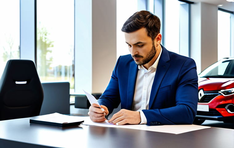 A professional-looking man in a neat business casual outfit, sitting comfortably at a modern desk, reviewing a warranty document with a calm and reassured expression. In the soft-focused background, a sleek Renault Captur is visible in a clean, contemporary car showroom. The scene emphasizes peace of mind and smart investment. The man is fully clothed, appropriate attire, modest clothing, safe for work, appropriate content, professional, perfect anatomy, correct proportions, natural pose, well-formed hands, proper finger count, natural body proportions, high-quality photography, realistic.