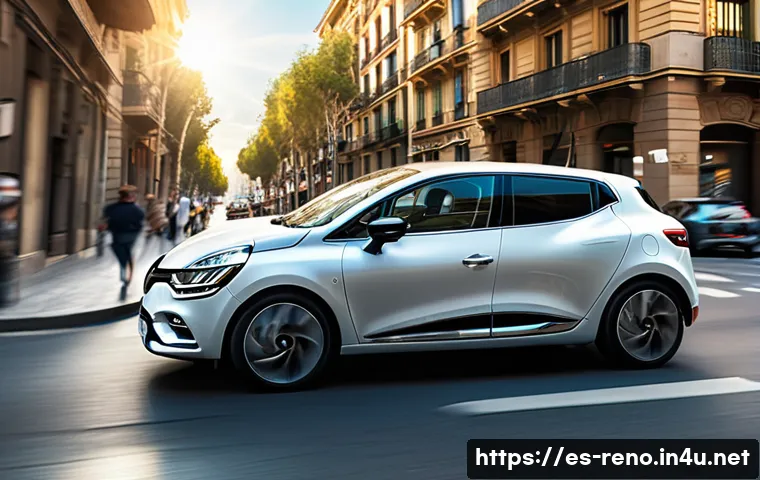 르노 클리오와 폭스바겐 폴로 비교 - A dynamic shot of a modern Renault Clio driving through a bustling, sunny street in Barcelona, Spain...